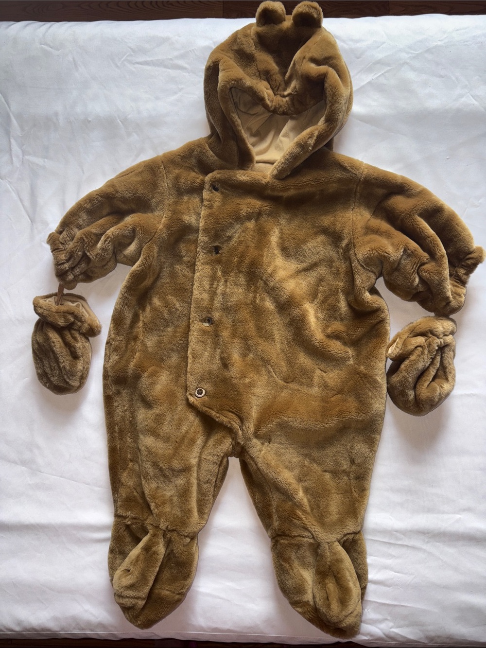 Plush Hooded Brown Bear Baby One-Piece Snowsuit Pram Suit Costume size 12M
